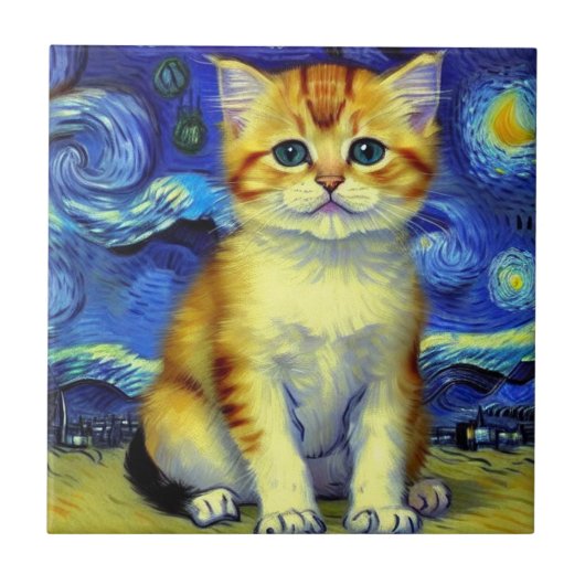 Schattigee kitten Sterrennacht Van Gogh Tegeltje (Voorkant)