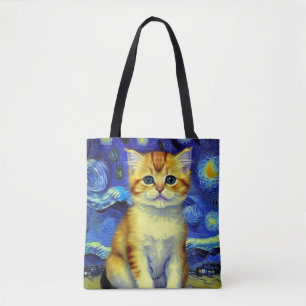 Schattigee kitten Sterrennacht Van Gogh Tote Bag