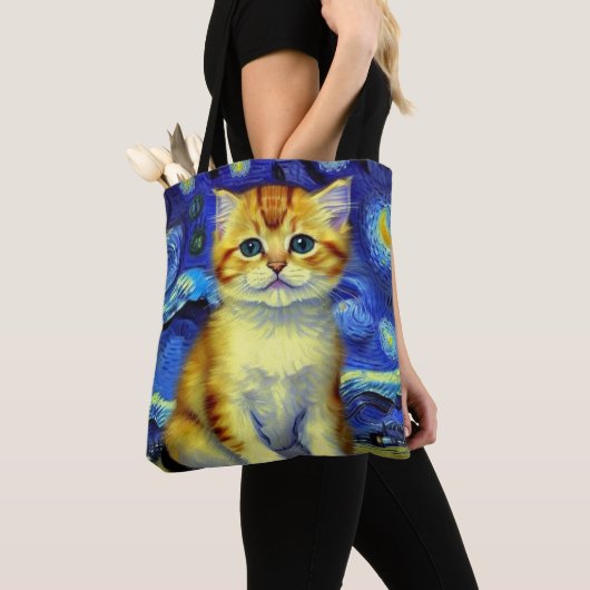 Schattigee kitten Sterrennacht Van Gogh Tote Bag (Dichtbij)