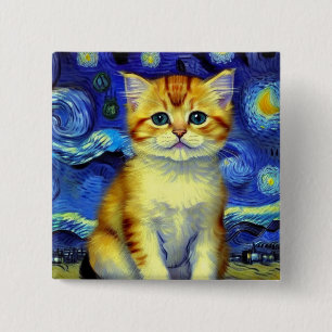 Schattigee kitten Sterrennacht Van Gogh Vierkante Button 5,1 Cm