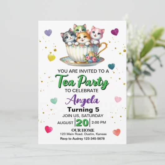 Schattigee Kitten Tea Party Elke Leeftijd Verjaard Kaart (Staand voorkant)