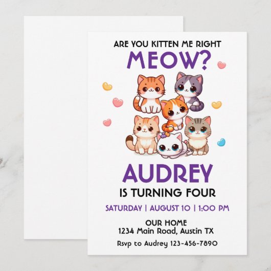 Schattigee kitten verjaardag uitnodiging (Voorkant / Achterkant)