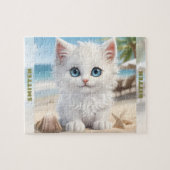 Schattigee Kitten Witte Kat Strand Zomer Aangepast Legpuzzel (Horizontaal)