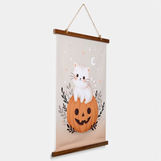 Schattigee kitten zittend op pompoen moderne Hallo Hangend Wandkleed (Gebogen)