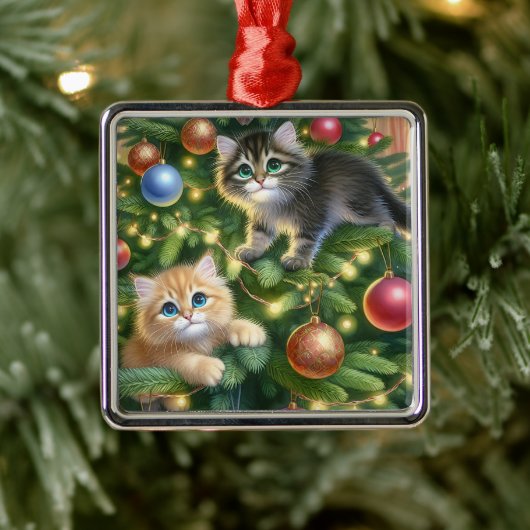 Schattigee Kittens in de kerstboom Metalen Ornament (Boom)