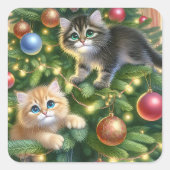 Schattigee Kittens in de kerstboom Vierkante Sticker (Voorkant)