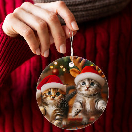 Schattigee kittens met Sinterklaas en rendieren pe Keramisch Ornament