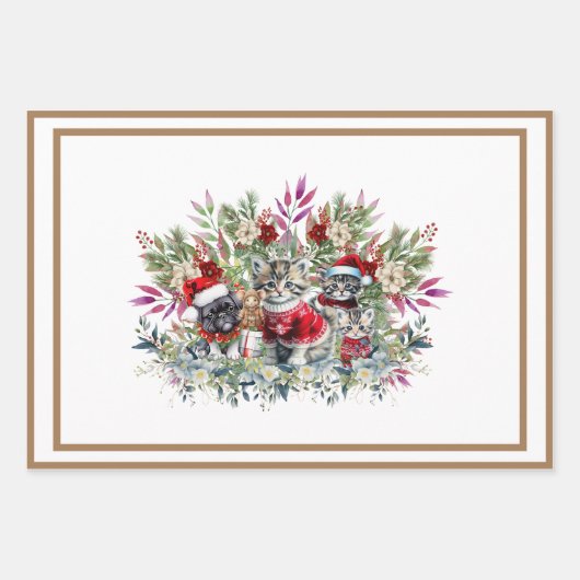 Schattigee Kittens, Muizen & Puppies Bloemen Kerst Inpakpapier Vel (Voorkant 3)