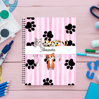 Schattigee Kittens & poten, roze strepen Spiraal Notitieboek
