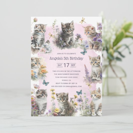 Schattigee Kittens Wildflowers Custom 5e verjaarda Kaart (Staand voorkant)