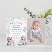 Schattigee Kitty Cat 1e verjaardagsfeestje Foto Kaart (Staand voorkant)