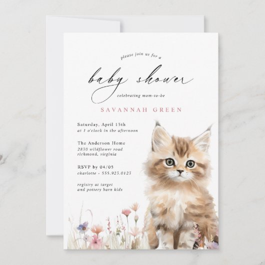 Schattigee Kitty Cat | Airy Floral Spring Baby sho Kaart (Voorkant)