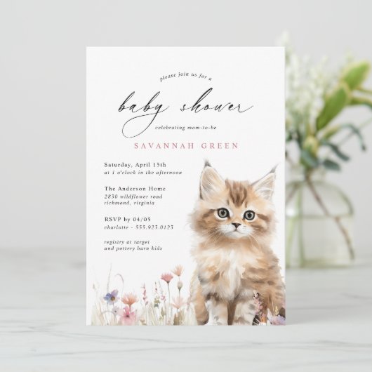 Schattigee Kitty Cat | Airy Floral Spring Baby sho Kaart (Staand voorkant)