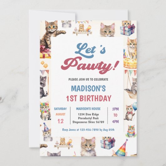 Schattigee Kitty Cat eerste verjaardagsfeestje Kaart (Voorkant)