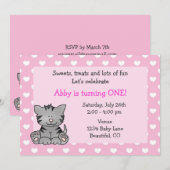 Schattigee Kitty Cat eerste verjaardagsuitnodiging Kaart (Voorkant / Achterkant)