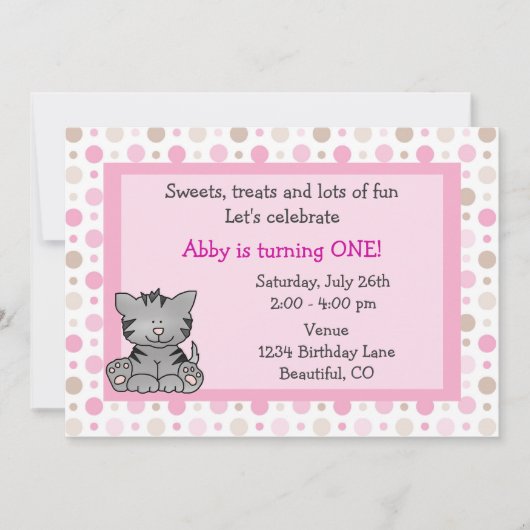 Schattigee Kitty Cat eerste verjaardagsuitnodiging Kaart (Voorkant)