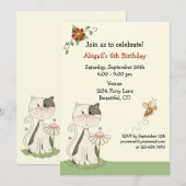 Schattigee Kitty Cat en Bloemen Verjaardagsuitnodi Kaart (Voorkant / Achterkant)