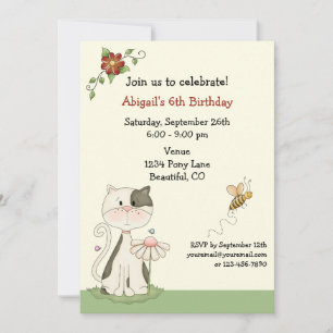 Schattigee Kitty Cat en Bloemen Verjaardagsuitnodi Kaart