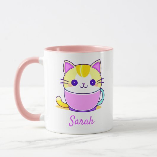 Schattigee Kitty Cat Kawaii Gepersonaliseerde naam Mok (Links)