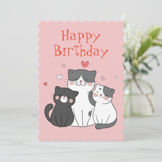 Schattigee Kitty Cat Pink Happy Birthday Wenskaart Feestdagenkaart (Staand voorkant)