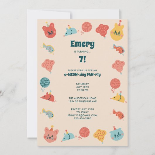 Schattigee Kitty Cat verjaardagsfeestje voor kinde Kaart (Voorkant)