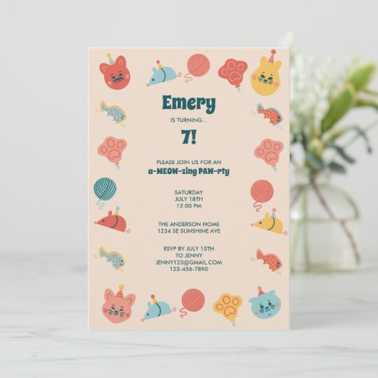 Schattigee Kitty Cat verjaardagsfeestje voor kinde Kaart (Staand voorkant)