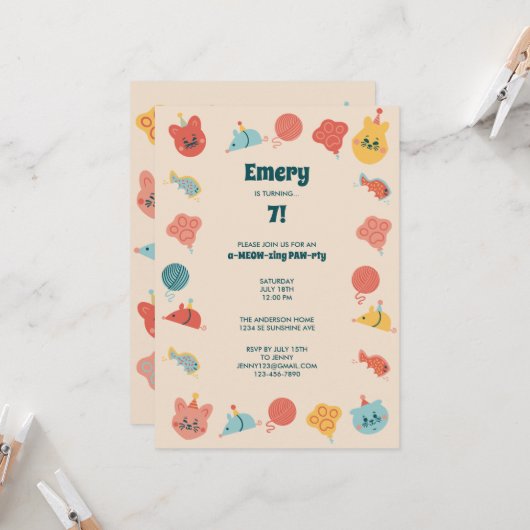 Schattigee Kitty Cat verjaardagsfeestje voor kinde Kaart (Voorkant / Achterkant in situ)
