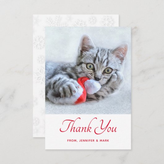 Schattigee kitty kat bijten een rode kerstmuts dan bedankkaart (Voorkant / Achterkant)