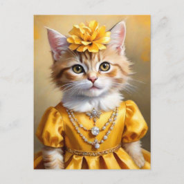 Schattigee kitty kat in gele jurk briefkaart