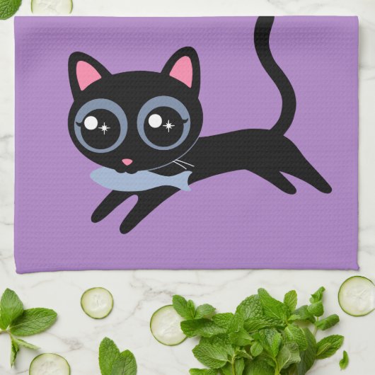 Schattigee kitty kat met vis cadeau voor Vriendin, Theedoek (Gevouwen)