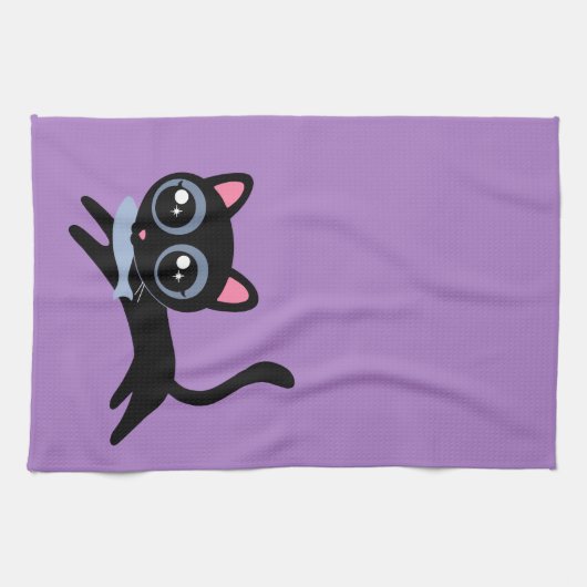 Schattigee kitty kat met vis cadeau voor Vriendin, Theedoek (Horizontaal)