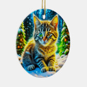 Schattigee kitty kat spelen buiten op kerstavond keramisch ornament (Rechts)