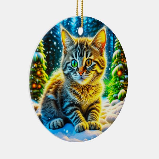 Schattigee kitty kat spelen buiten op kerstavond keramisch ornament (Rechts)