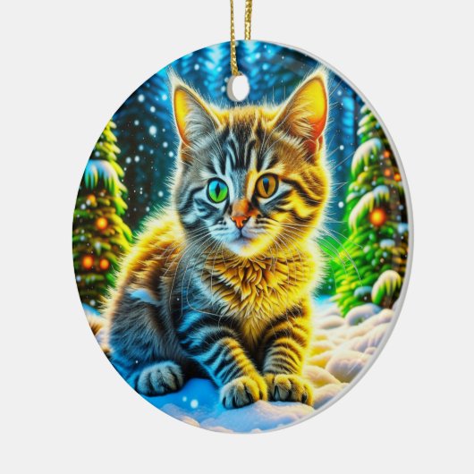 Schattigee kitty kat spelen buiten op kerstavond keramisch ornament (Links)