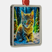 Schattigee kitty kat spelen buiten op kerstavond metalen ornament (Rechts)
