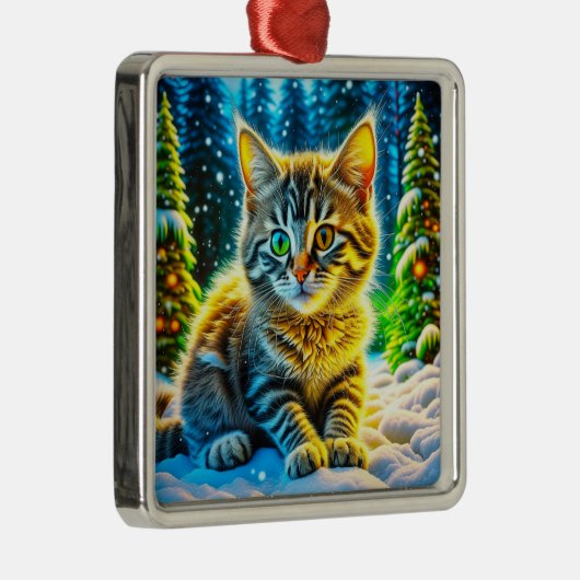 Schattigee kitty kat spelen buiten op kerstavond metalen ornament (Rechts)