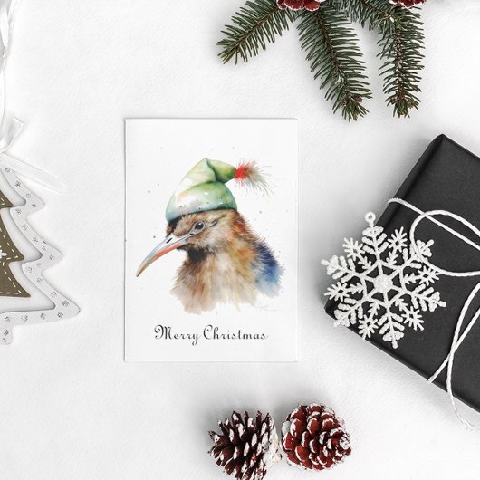 Schattigee Kiwi Bird in Christmas Elf Pet, op maat Folie Feestdagenkaart