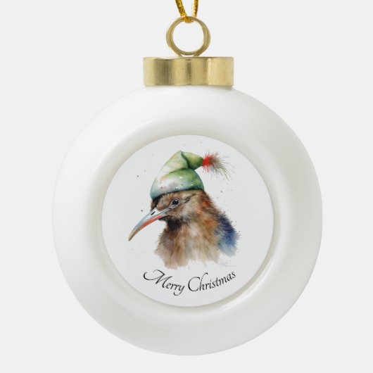 Schattigee Kiwi Bird in Christmas Elf Pet, op maat Keramische Bal Ornament (Voorkant)
