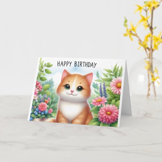 Schattigee kleindochter Kat en Bloemen Wenskaart Kaart (Gele Bloem)