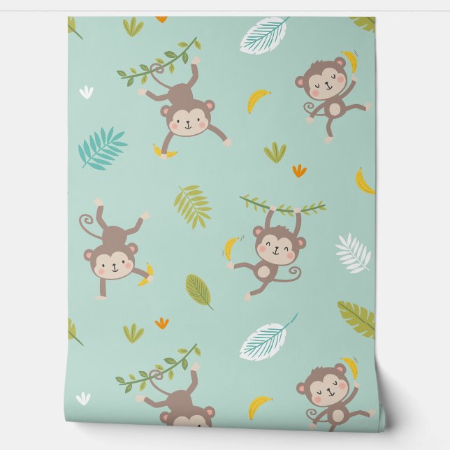 Schattigee kleine aapjes met bananen & bladeren mi behang (Afrollen)