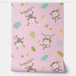 Schattigee kleine aapjes met bananen & bladeren ro behang
