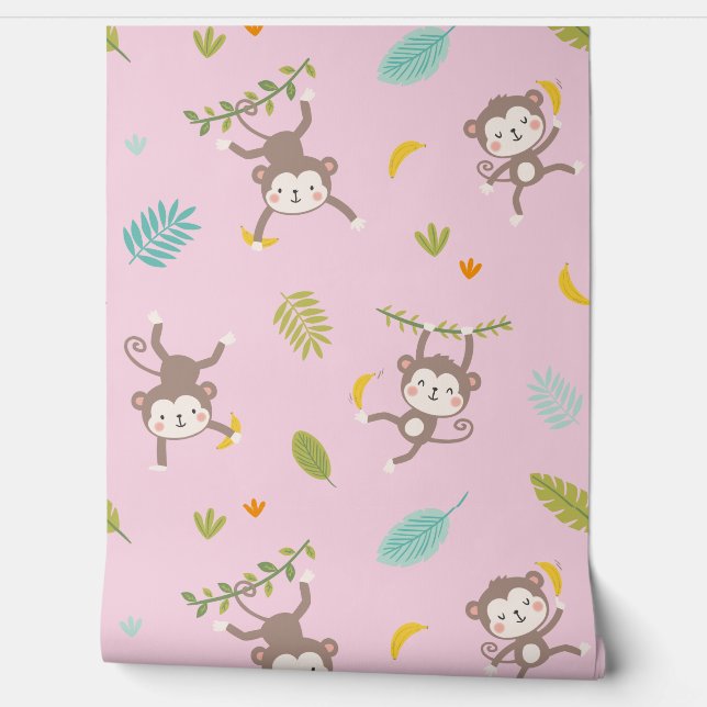 Schattigee kleine aapjes met bananen & bladeren ro behang (Afrollen)