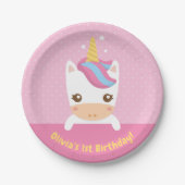 Schattigee Kleine Baby Eenhoorn 1e Verjaardagsfees Papieren Bordje (Voorkant)