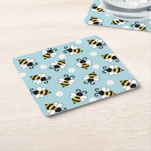 Schattigee kleine bijen en madeliefjes bloemenpatr kartonnen onderzetters (Schuin)