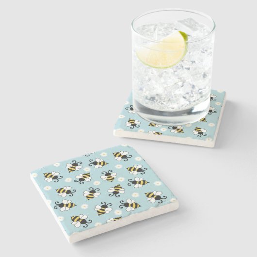 Schattigee kleine bijen en madeliefjes bloemenpatr stenen onderzetter (Zijkant)