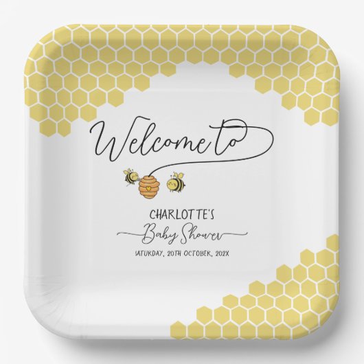 Schattigee Kleine Bijen Honingraat Baby shower Papieren Bordje (Voorkant)