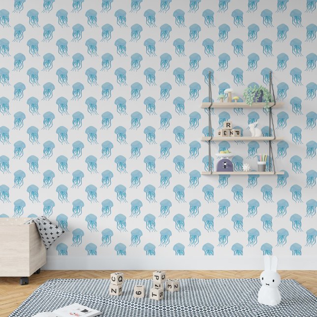 Schattigee kleine blauwe kwal kwekerij behang (Cute Little Blue jellyfish Nursery Wallpaper)