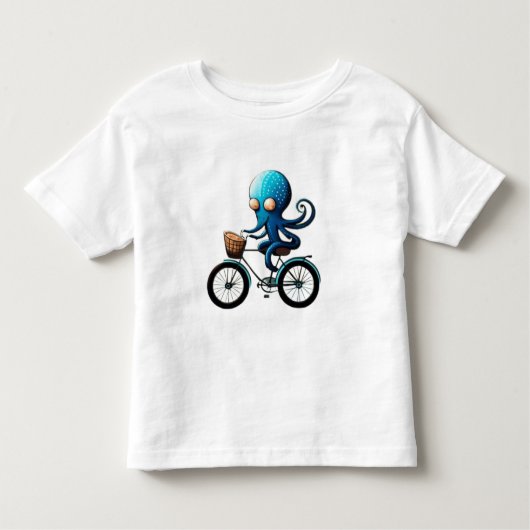 Schattigee kleine blauwe octopus op een fiets kinder shirts (Voorkant)