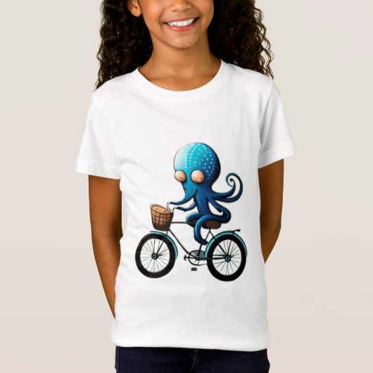 Schattigee kleine blauwe octopus op een fiets t-shirt (Voorkant)