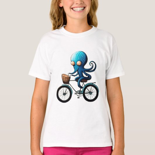 Schattigee kleine blauwe octopus op een fiets t-shirt (Voorkant)